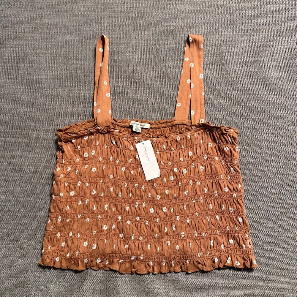 American Eagle Cami Top Womens Large Brown New Smocked Daisy Floral Tank
